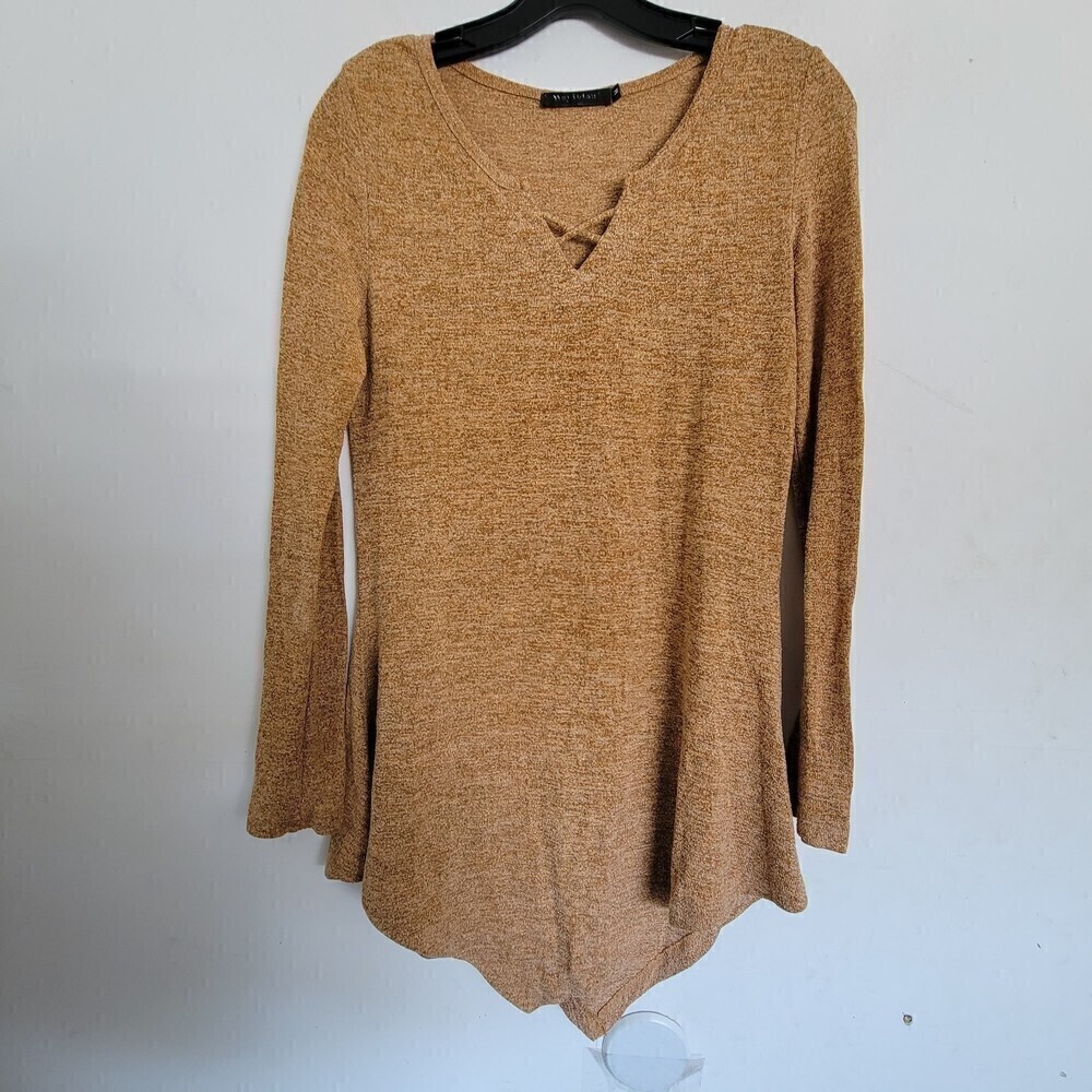 WayTolan Tan Brown V Neck Fuzzy Knit Long Sleeve Pullover Sweater Size Medium